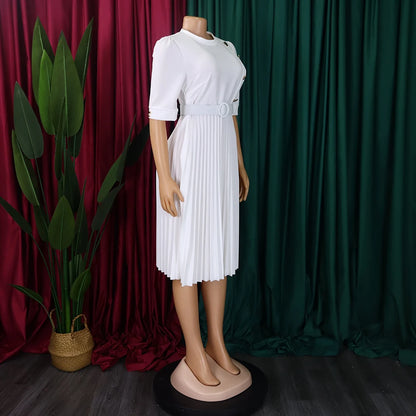 Elegant Office Pleated Dresses for Woman 2024 O Neck Buttons Belt Waisted Mid Calf Fashion Female Business Work Wear Dress Midi