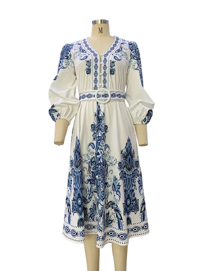 Spring Women Dresses Print Lantern Sleeve V Neck Dress Patchwork Ruffles Belt Loose Pullover Boho Vestidos Slight Strech 2024