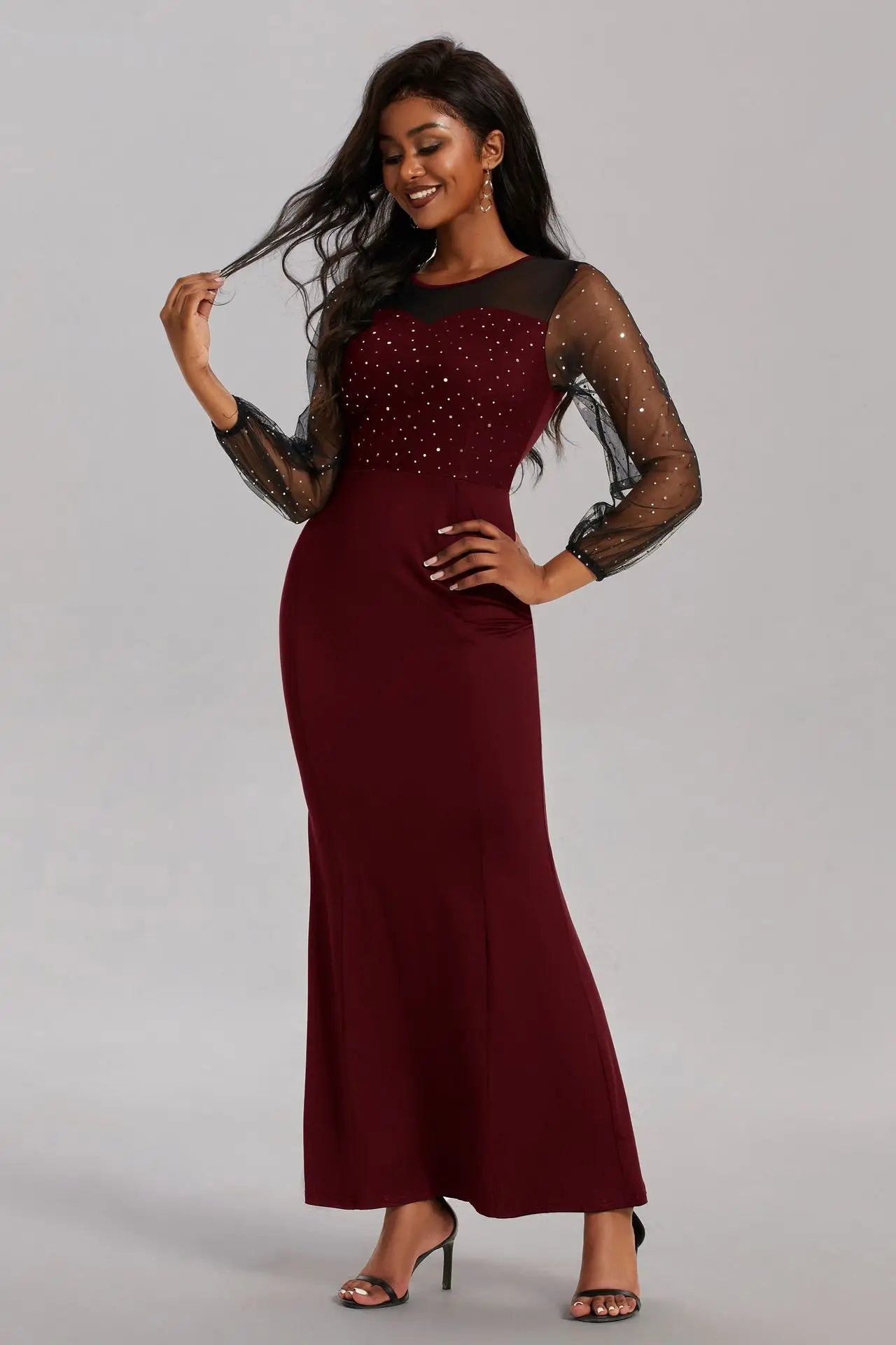 Mesh Patchwork Dress Womens Fashion Round Neck Long Sleeve Slim Elegant Dress Women