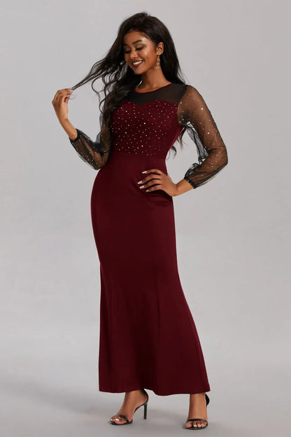 Mesh Patchwork Dress Womens Fashion Round Neck Long Sleeve Slim Elegant Dress Women