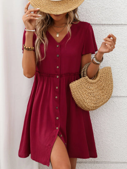 Spring Summer Button Down Dress Flutter Sleeve Cotton Linen A Line Dress With Pockets Beach Summer Knee Length Dresses For Women