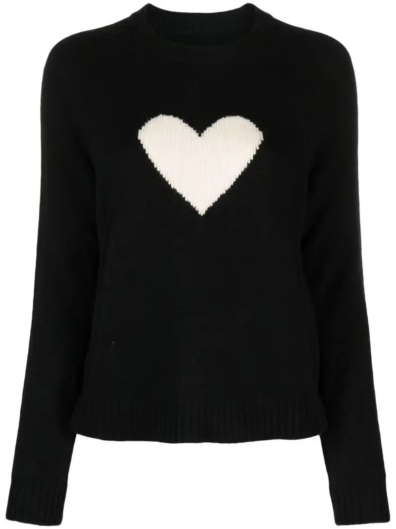 White Love Heart Black Knit Sweater For Women Round Neck Long Sleeve Pullover Cashmere Tops Fashion Casual Y2K Sweater