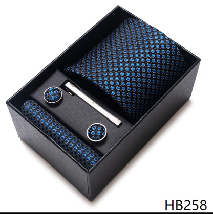 Tie Handkerchief Cufflink Set For Men Necktie Holiday Gift Box Blue Gold Suit Accessories Slim Wedding Gravatas