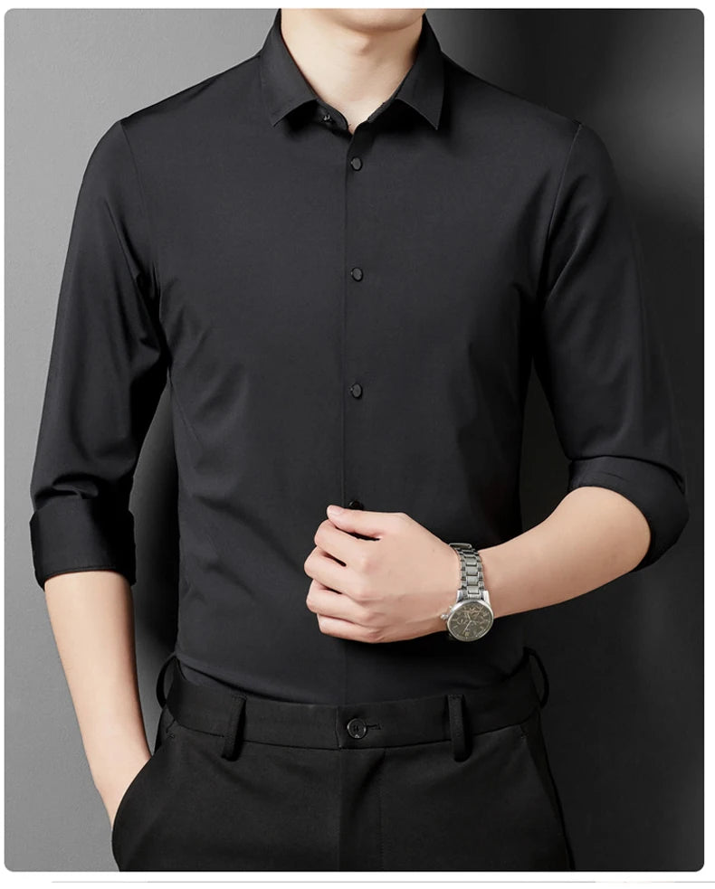 Men's High Quality Solid High Elasticity Seamless Comfortable Long Sleeve Shirts Slim Social Casual Business Formal Dress Shirt