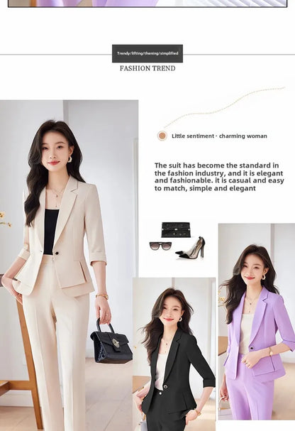 2024 Summer New Women's Petite Casual Seven-Half Sleeve Professional Workwear Purple Thin Suit Jacket Pants Set