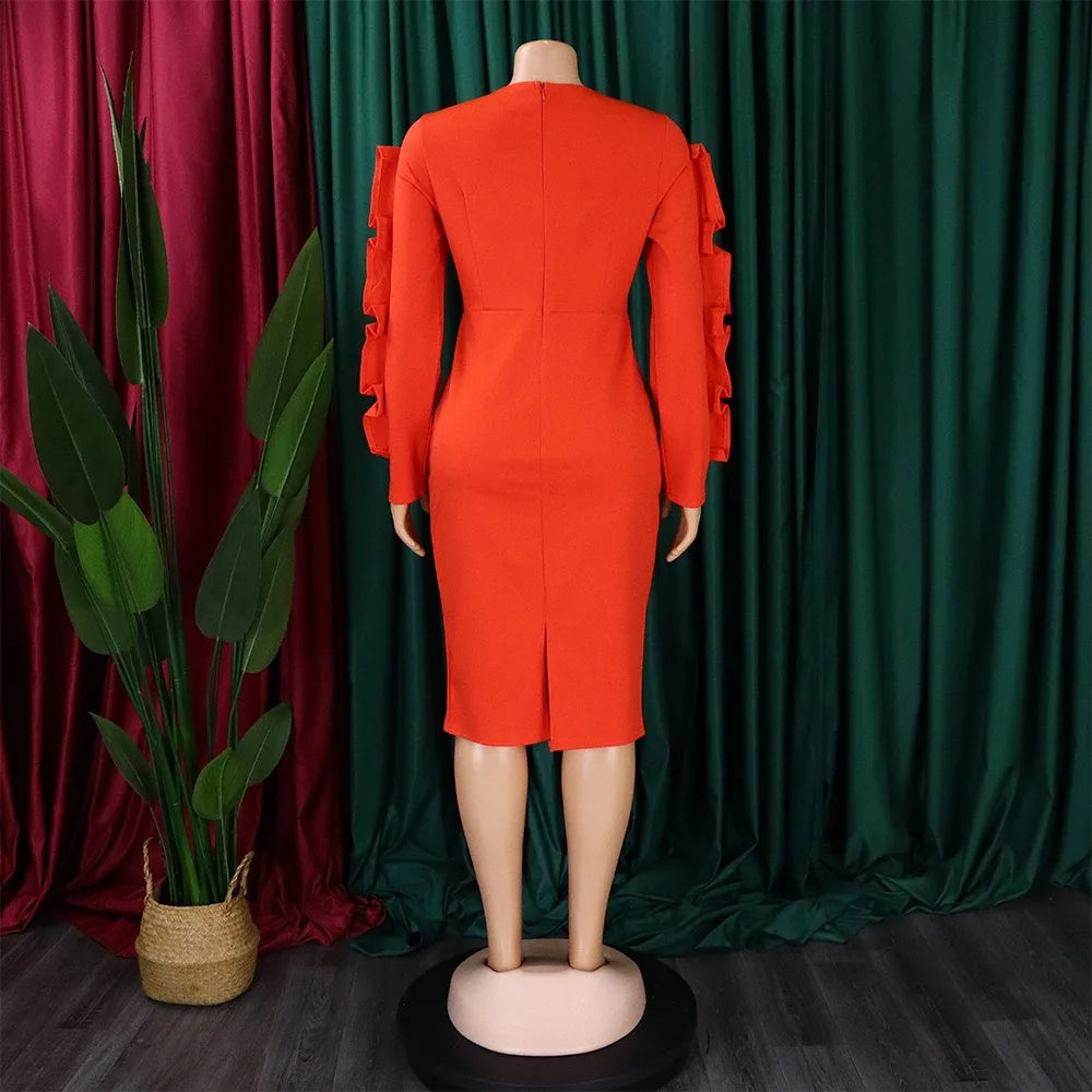 Elegant Office Dresses for Woman 2024 New O Neck Petal Sleeve Sheath Package Hips Mid Calf Formal Business Work Wear Dress Midi