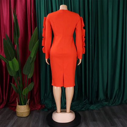 Elegant Office Dresses for Woman 2024 New O Neck Petal Sleeve Sheath Package Hips Mid Calf Formal Business Work Wear Dress Midi