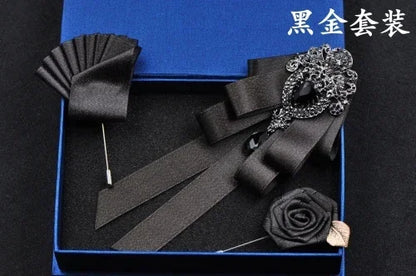 Fashion Handmade Bow Tie Wedding Collar Luxury Rhinestone Bowtie Necktie Brooch Pocket Towel Square Set Gift for Men Accessories
