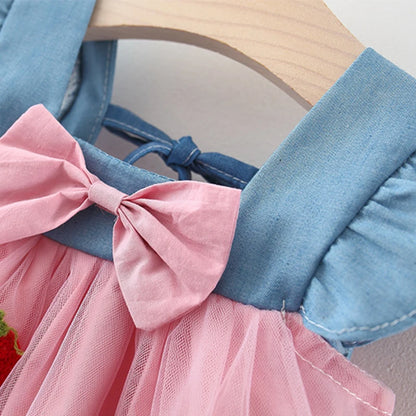 Summer girl dress baby girl small flying sleeves denim top with patchwork strawberry embroidery mesh suspender princess dress