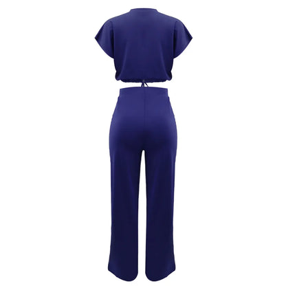 Women Casual Round Neck Drawstring Short Sleeve Top & High Waist Pants Set Summer Solid Two Piece Suit Sets Outfits Set Female