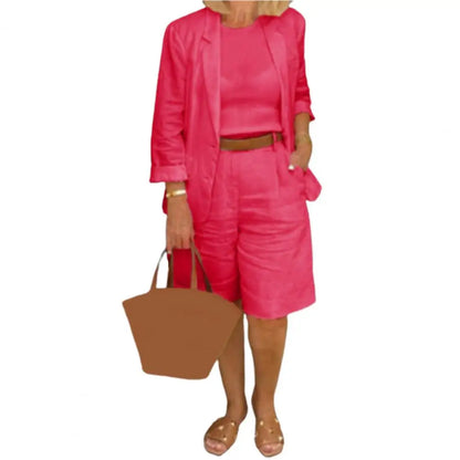Cotton Linen Temperament Blazer Shorts Women's Blazer Suit 2 Piece Set Elastic Waist Thin Female Blazer Shorts Summer Outfit