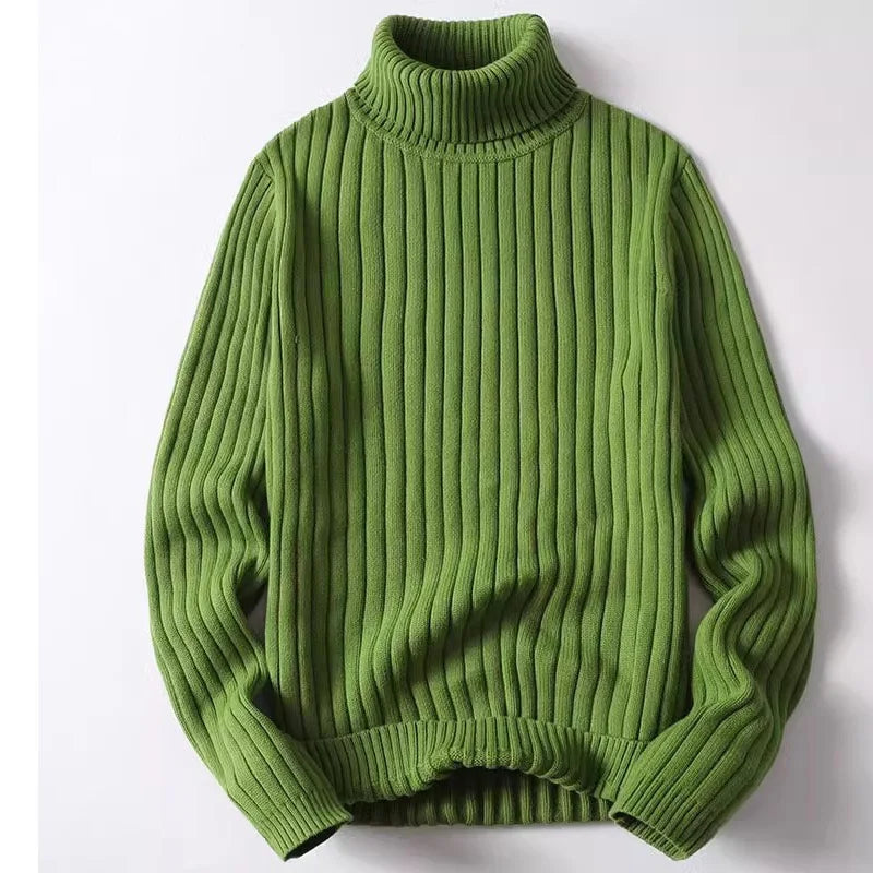 Men's Stylish Solid Thicken turndown Pullovers Thermal Winter Long Sleeve Sweater Vertical Stripes Design Knitted Sweaters Male