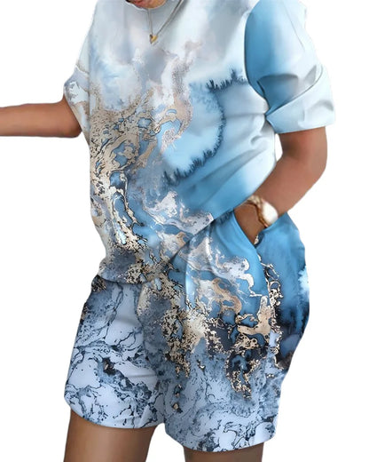 Casual Loose Short Sleeve Tshirt Shorts Set Office Lady Summer Fashion O-neck Colorful Print Two Piece Set Women Outfit 2023