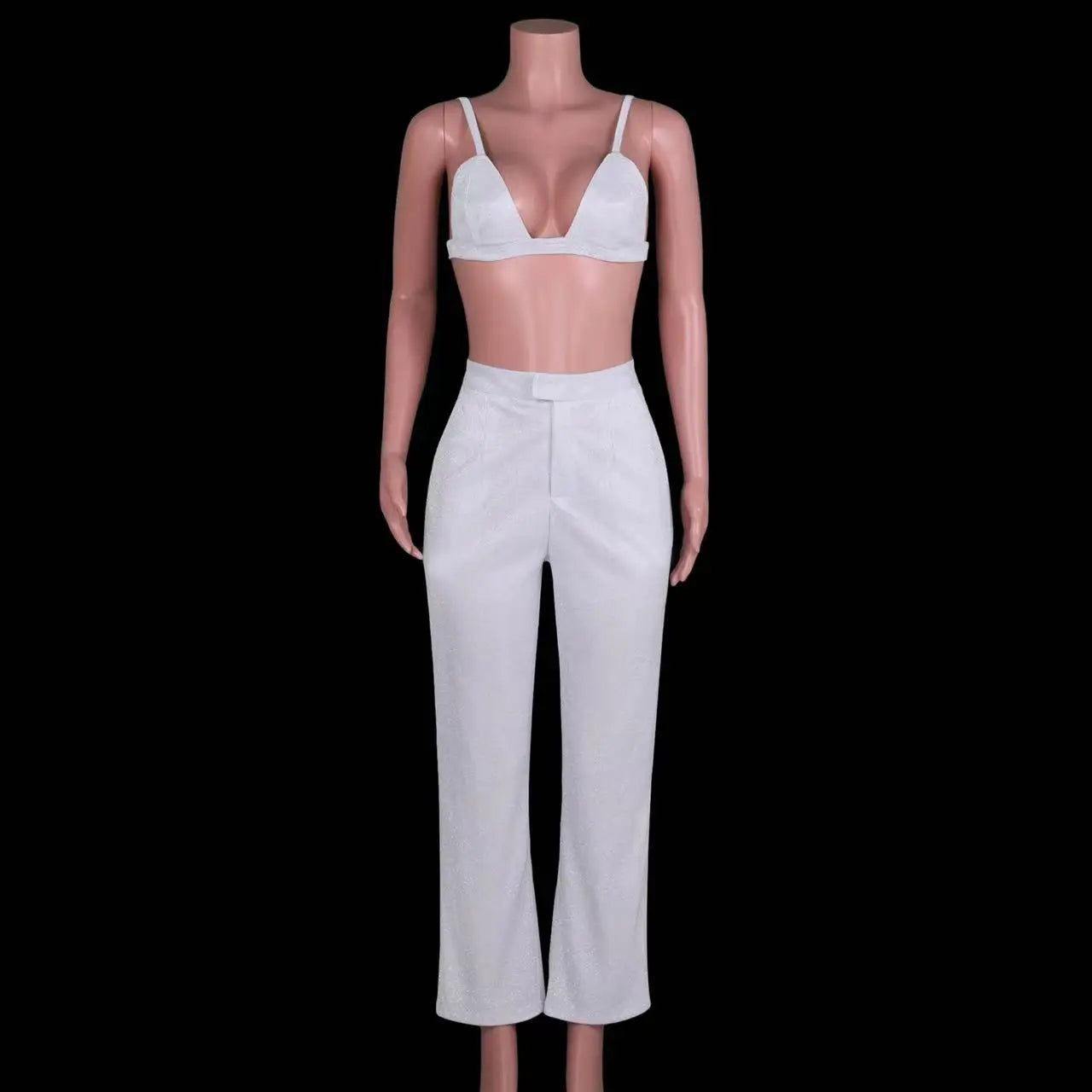 Sexy Sequin Sleeveless Crop Top Two Piece Pants Suit Women Summer High Waist Tight Straight Casual   Blazer Underwear