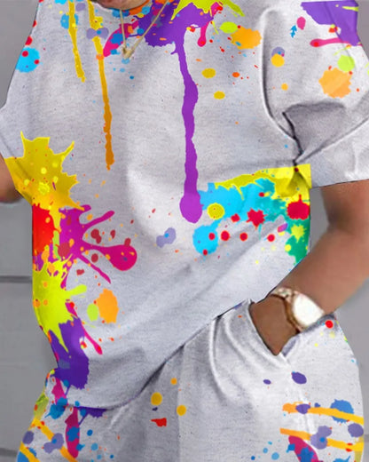 Casual Loose Short Sleeve Tshirt Shorts Set Office Lady Summer Fashion O-neck Colorful Print Two Piece Set Women Outfit 2023