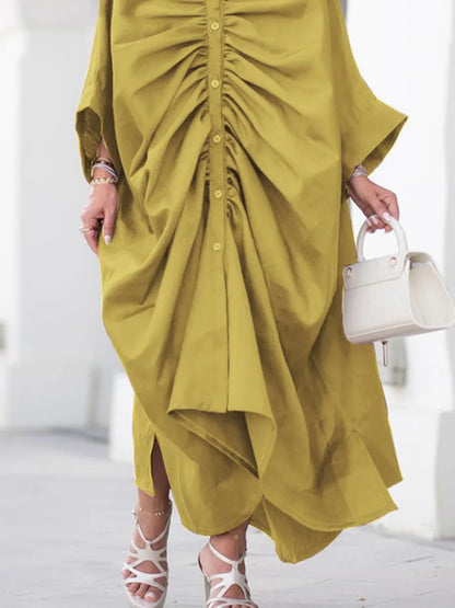 Freeacy Women's Personalized Dresses 2025 Spring Fashion Solid Color Pleated Shirt Dress Long Sleeves Loose Fit Party Dress