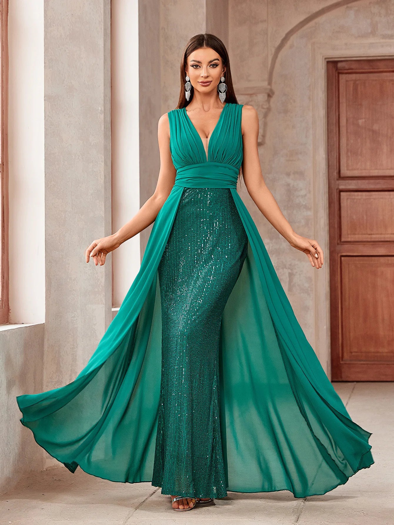 Vestidos De Fiesta High Waist Sexy V-Neck Sequin Gown Fashion Sleeveless Slim Prom Robe Banquet Cocktail Party Long Formal Dress