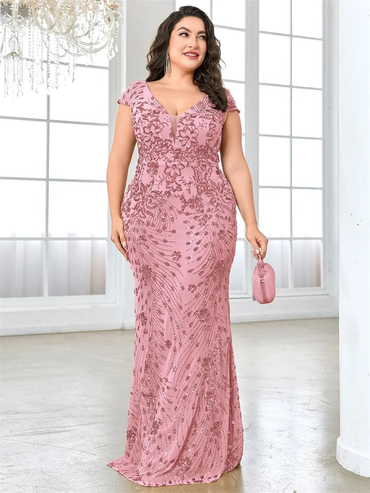 XUIBOL Plus Size  Elegant Sequin Evening Dress Long 2024 Women Mermaid Formal Deep V-neck Prom Luxury Wedding Party Dresses