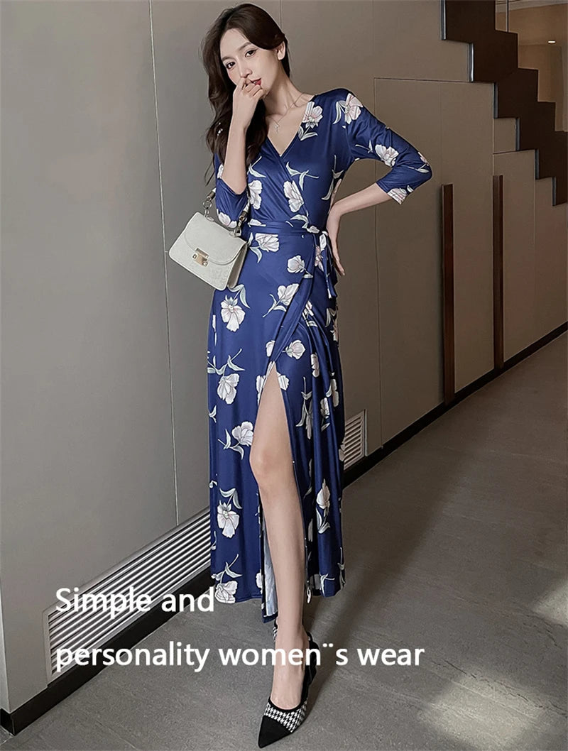 FANIECES Summer Wrap Dresses Women Sexy V Neck Split Maxi Dress Print Female Casual Beachwear Lace Up Party Vestidos Robe платье