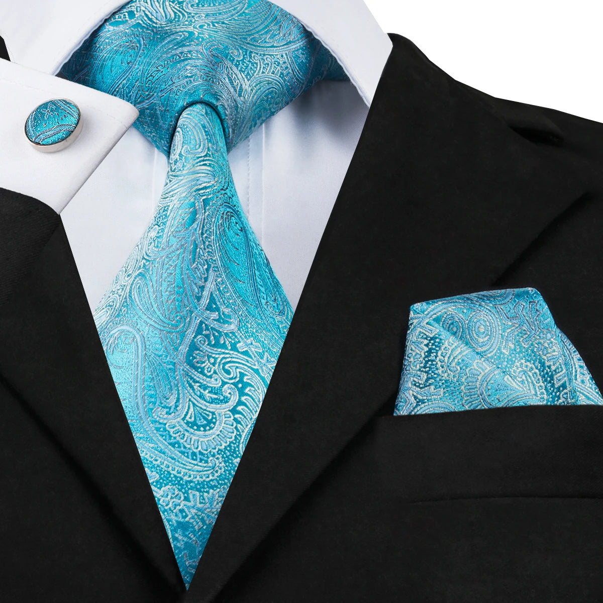 Hi-Tie Light Blue Solid Silk Wedding Nicktie For Men Hanky Cufflink Gift Men Tie Set Business Party Dropshipping Novelty Design