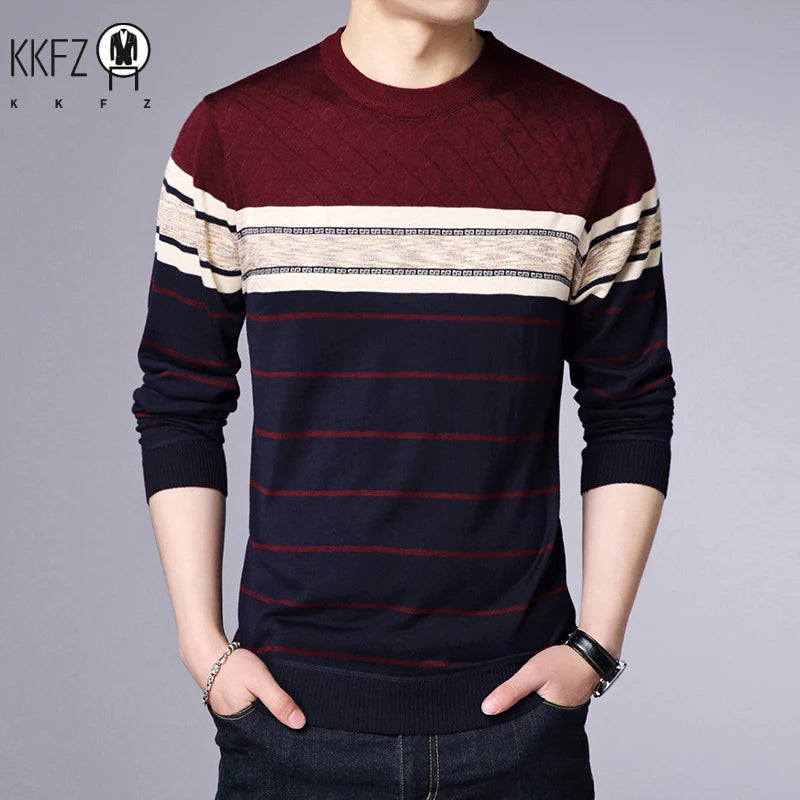 Men's New Fashionable Striped Knitted Shirt Long Sleeved Comfortable All Season Base Shirt Casual Top