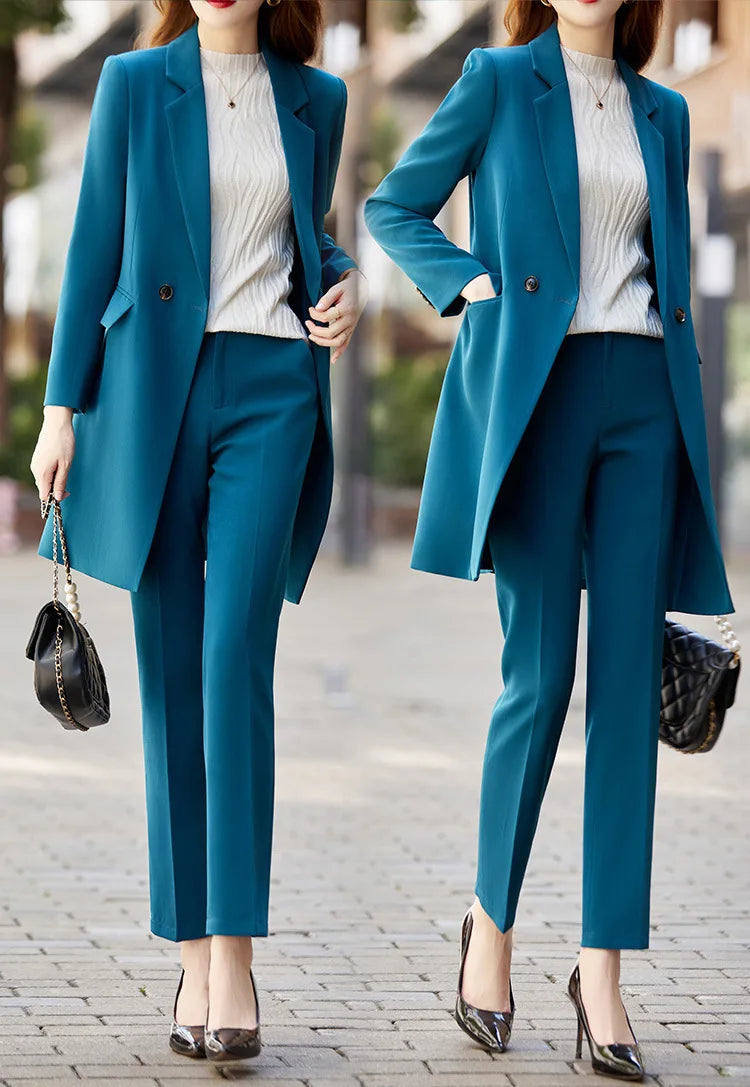 High End Office Professional Women's Blazer Pants 2-Piece Set Fall Fashion Long Female Jacket Over Business Suit Casual Trousers