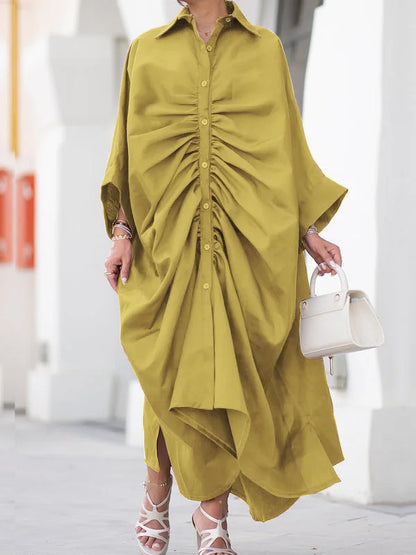 Freeacy Women's Personalized Dresses 2025 Spring Fashion Solid Color Pleated Shirt Dress Long Sleeves Loose Fit Party Dress