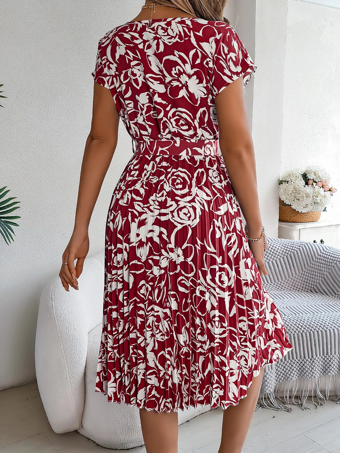 Spring Summer Elegant Flower Print Dress Short Sleeve Folded Dresses for Women Mother's Day