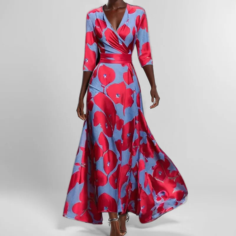 Spring Summer Women Fashion V Neck Belted Party Long Dress Sexy Printing  Boho Maxi Dresses Short Sleeve Pocket Femlae Holiday