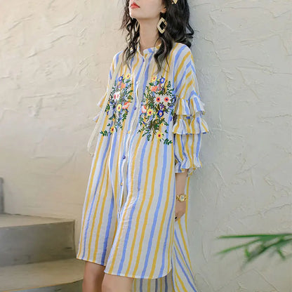 Spring Summer Floral Embroidery Dresses Contrasting Colors Striped Female Single-breasted Ruffles Spliced Straight Midi Dress
