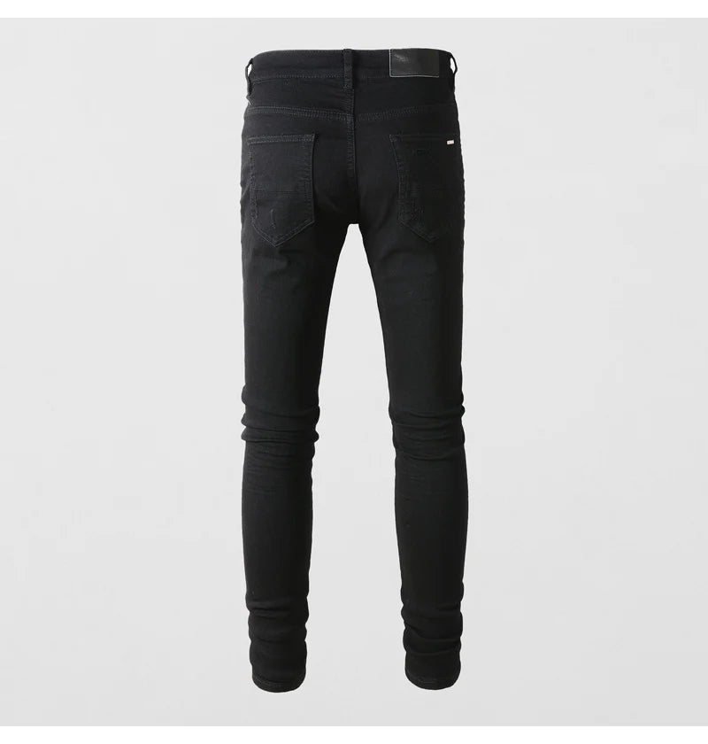 High street fashion new men's black jeans stretch slim fit retro washed leather patch jeans hip-hop brand designer pants Hombre