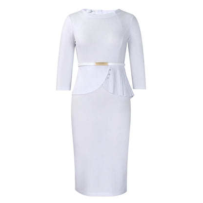 L-3XL Plus Size Elegant Midi Dress 2025 Spring Summer Women Office Lady Dress Casual 3/4 Sleeve Bandage Robe Oversize Dress