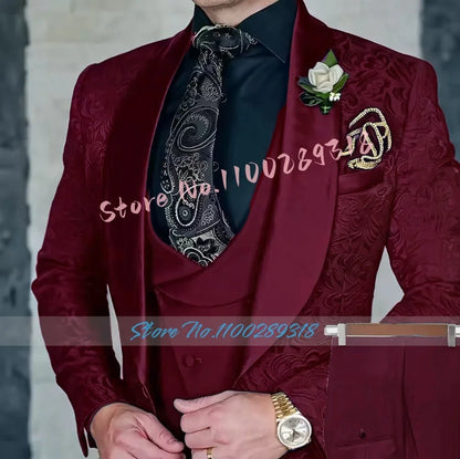 Jacquard Men's 3-piece Suit Set Formal Party Dress Groom Tuxedo High Quality Elegant Men Terno Masculino  Costume Homme Mariage