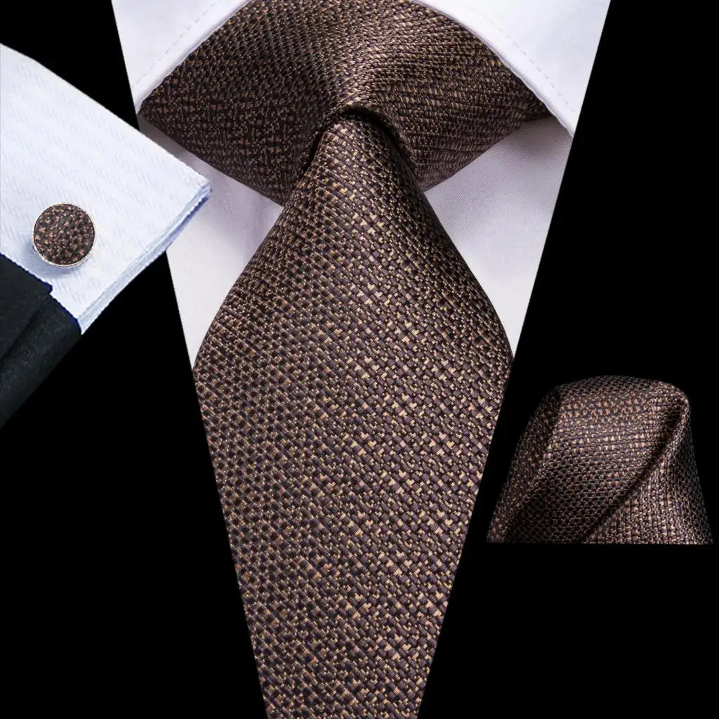 Hi-Tie Paisley Brown Tie For Men Elegant Mens Necktie Pocket Square Cufflink Groom Wedding Accessory Wholesale New Designer
