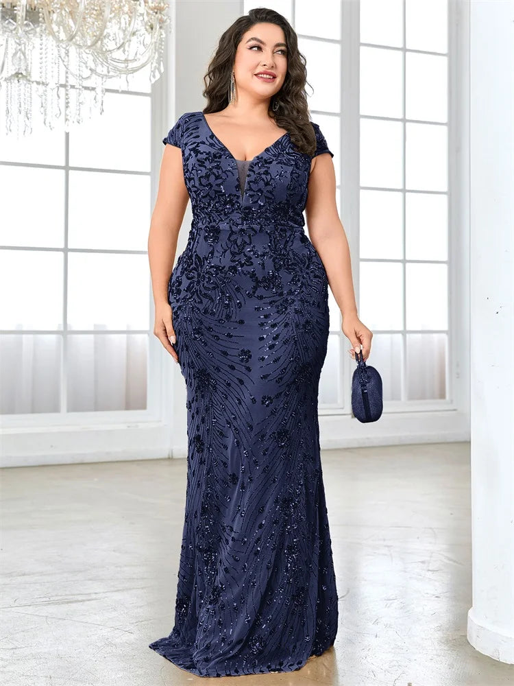 XUIBOL Plus Size  Elegant Sequin Evening Dress Long 2024 Women Mermaid Formal Deep V-neck Prom Luxury Wedding Party Dresses