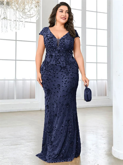 XUIBOL Plus Size  Elegant Sequin Evening Dress Long 2024 Women Mermaid Formal Deep V-neck Prom Luxury Wedding Party Dresses