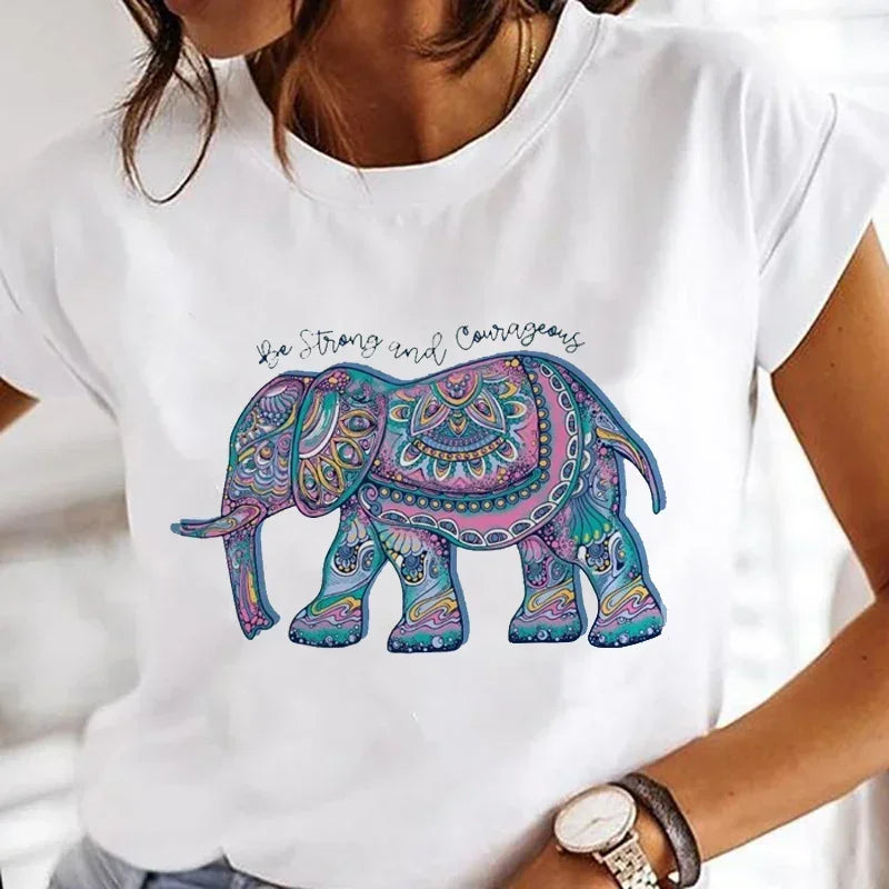 Spring Woman  T-Shirts Funny Elephant Boho Printed Short Sleeve Tees Fashion Female Clothes Comfortable Soft Street Tops