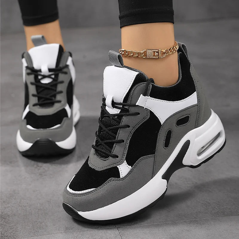 Women Air Cushion Shoes Casual Sport Sneakers Height Increase Black Grey Walking Shoes Fashion Lace-up Shoes