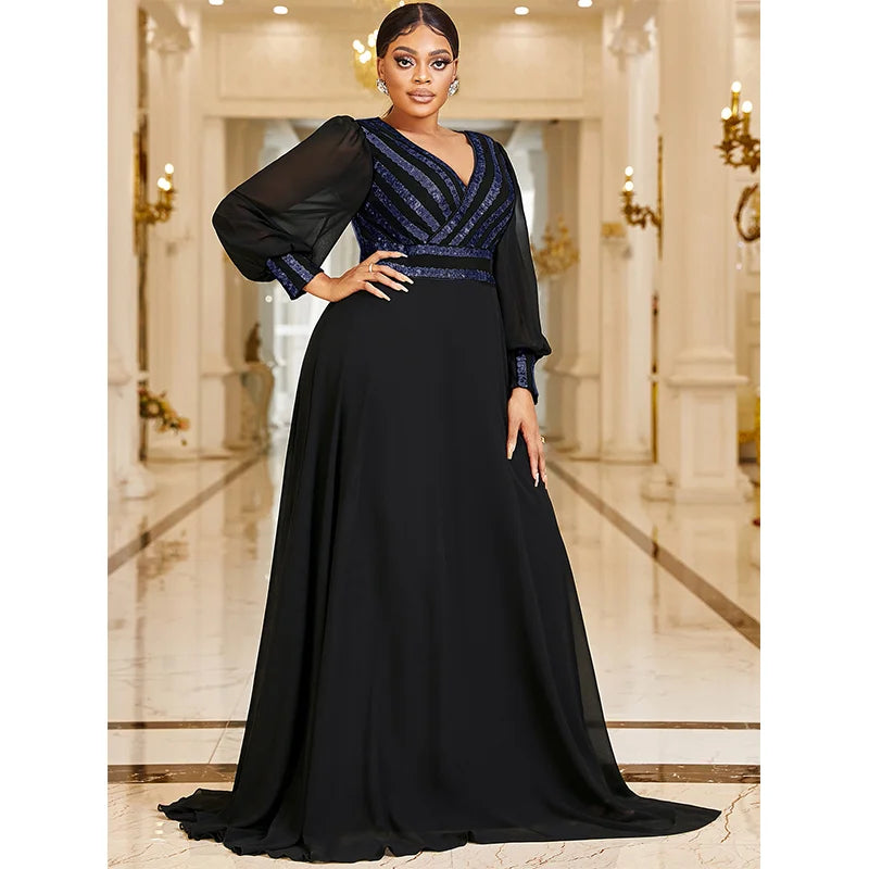 Plus Size V Neck Stripe Sequined Chiffon Dress 5XL 6XL Big Size Black Maxi Long Sleeve Spring Gold Stripe Luxury Evening Dresses