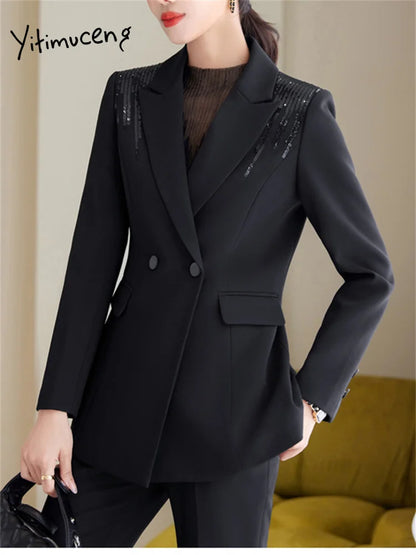 Yitimuceng Solid Office Wear Women 2 Piece Sets 2025 New Fashion Sequins Long Sleeve Blazers Chic High Waist Flare Pants Suits