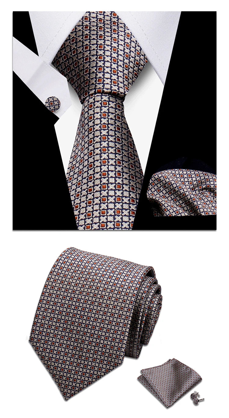 Classic Elegant Ties For Men Fashion Gifts Striped Solid Necktie Handchief Cufflink 3 Pcs Set Wedding Business Suit Accessories