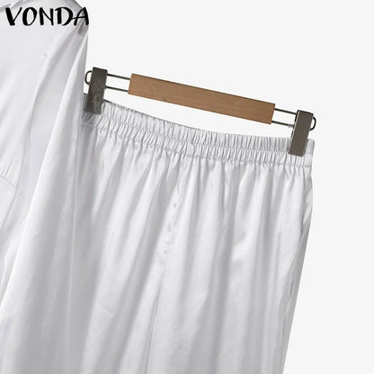 Plus Size VONDA 2024 Women Ruffled Sets Fashion Solid Color Suits Long Sleeve Irregular Top Patchwork Fitting Outfits 2pcs