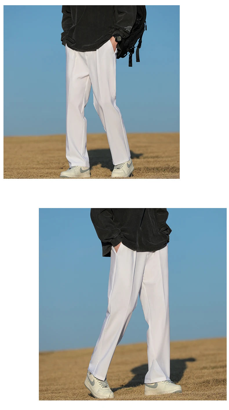 Spring Summer Men Suit Pants Wide Leg Long Drape Trousers Fashion Streetwear Clothing Solid Stretch Waist Oversize Pants Black
