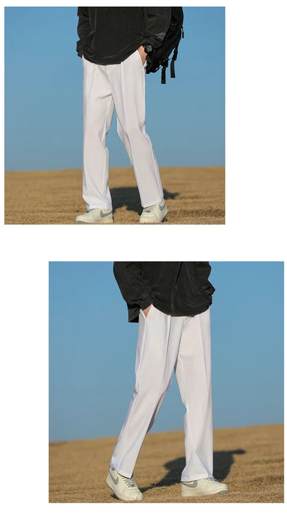 Spring Summer Men Suit Pants Wide Leg Long Drape Trousers Fashion Streetwear Clothing Solid Stretch Waist Oversize Pants Black