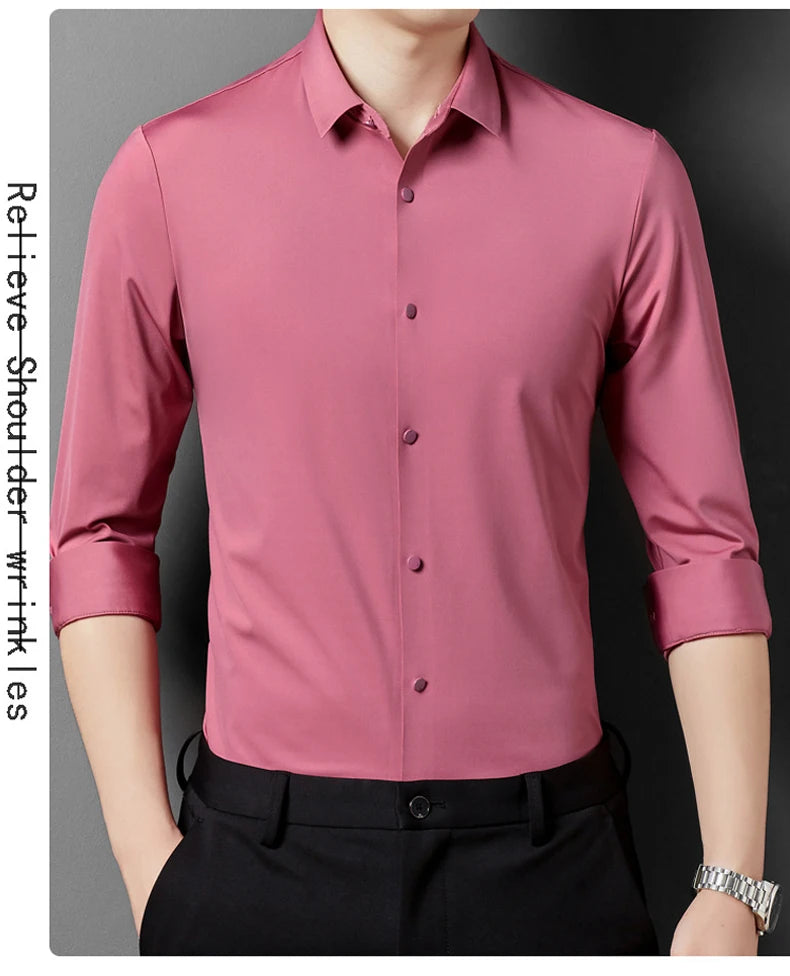 Men's High Quality Solid High Elasticity Seamless Comfortable Long Sleeve Shirts Slim Social Casual Business Formal Dress Shirt