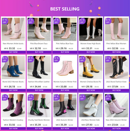 2024 Autumn Women Boots Pu Leather Wedge High Heel Ankle Boots Winter Cowboy Boots Fashion Western Boots Woman Denim Shoes Brown