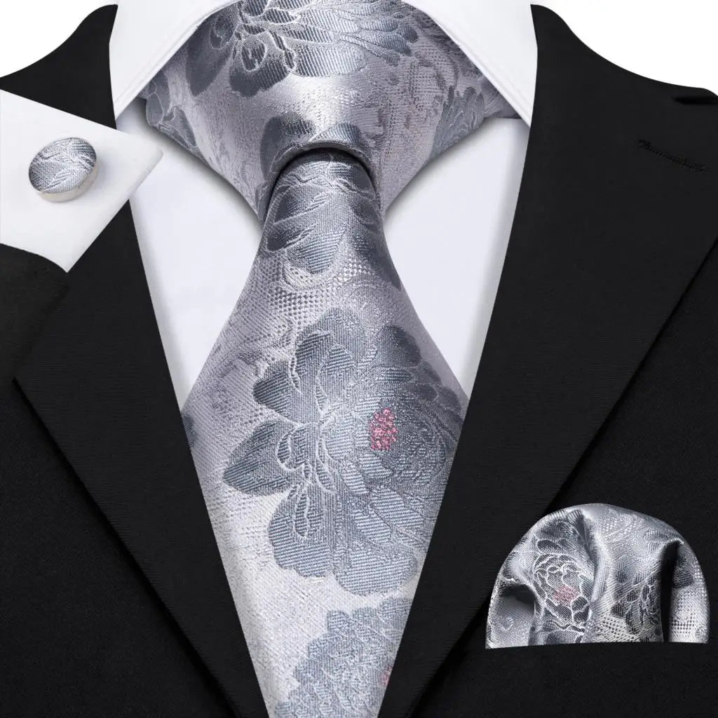 Barry.Wang Black White Gray Silver Silk Men Tie Handkerchief Cufflinks Set Jacquard Necktie for Male Wedding Business Party Gift