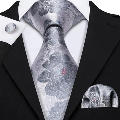 Barry.Wang Black White Gray Silver Silk Men Tie Handkerchief Cufflinks Set Jacquard Necktie for Male Wedding Business Party Gift