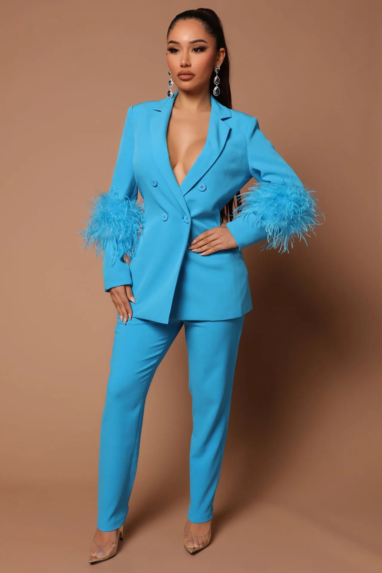 CM.YAYA Vintage Women Fur Hem Long Sleeve Blazer Suit and Pants 2023 Chic OL Fashion Two 2 Piece Set Outfits Basic Tracksuit