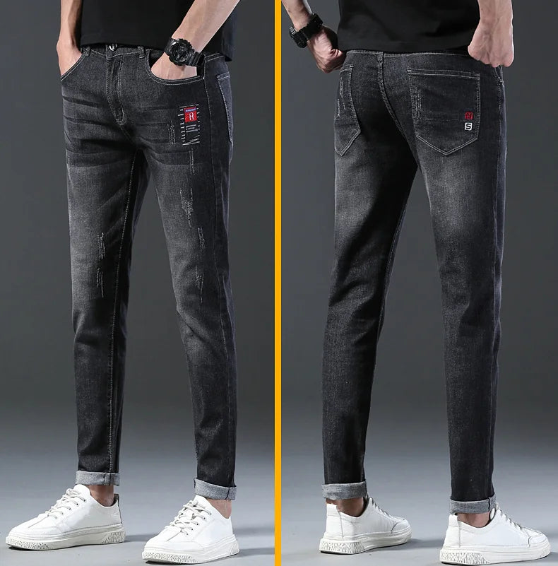 New Arrival Men's Denim Jeans Fashion Straight Slim Elastic Korea Fashion Casual Denim Trousers Male Pants Grey Black Dropship